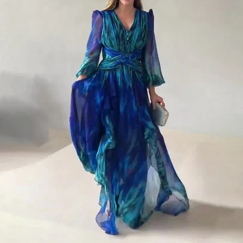 فستان نسائي أنيق متقاطع الخصر للحفلات المسائية أنيق برقبة على شكل حرف V وأكمام طويلة فستان ماكسي شيفون برسومات كلاسيكية فرنسية #4