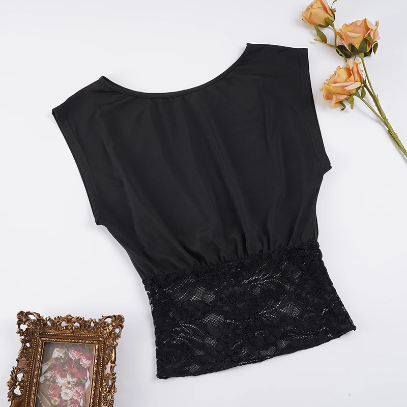 SUCHCUTE Elegantes, sexy, schulterfreies Spitzen-Patchwork-T-Shirt mit Taillendefinition, kurzärmeliges Damen-T-Shirt, Y2K-Top, Sommerparty, Club – Detail 4