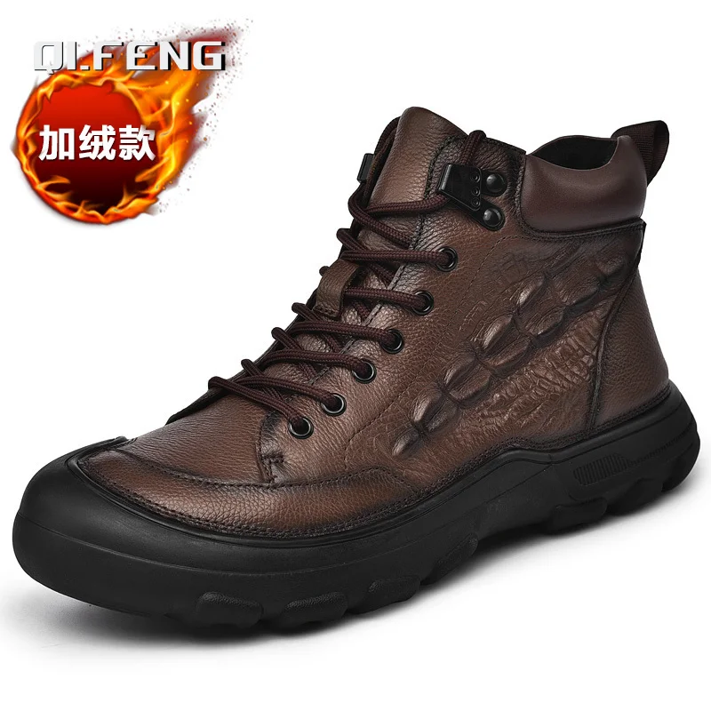 

Autumn Winter New Genuine Leather High Top Plush Leather Shoes Men's Anti Slip Durable Shoes Fashion Large Sized Footwear 38