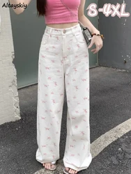 White Floral Jeans for Women Simple High Waist Y2k Cute Youth Spring Autumn Popular Holiday Loose Basic Chic Aesthetic Mopping