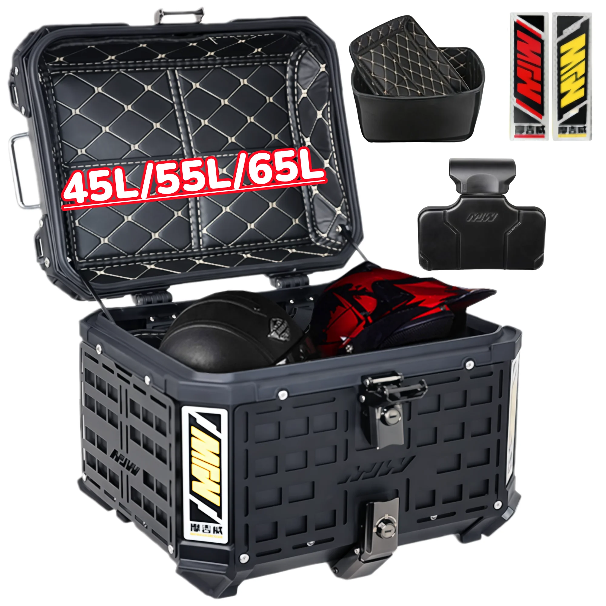 Verstärkte Aluminium-Motorrad-Topbox 45L, 55L, 65L Wasserdichte Motorrad-Heckbox Helmbox Schnellverschluss-Gepäckbox Werkzeugbox