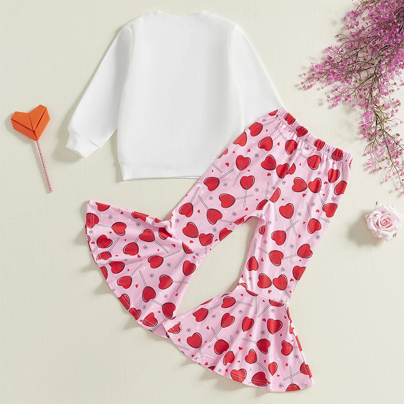 Girls Valentine s Day Heart Print Hoodie and Leggings Set Long Sleeve Sweatshirt and Flare Pants 2-Piece Outfit for Spring