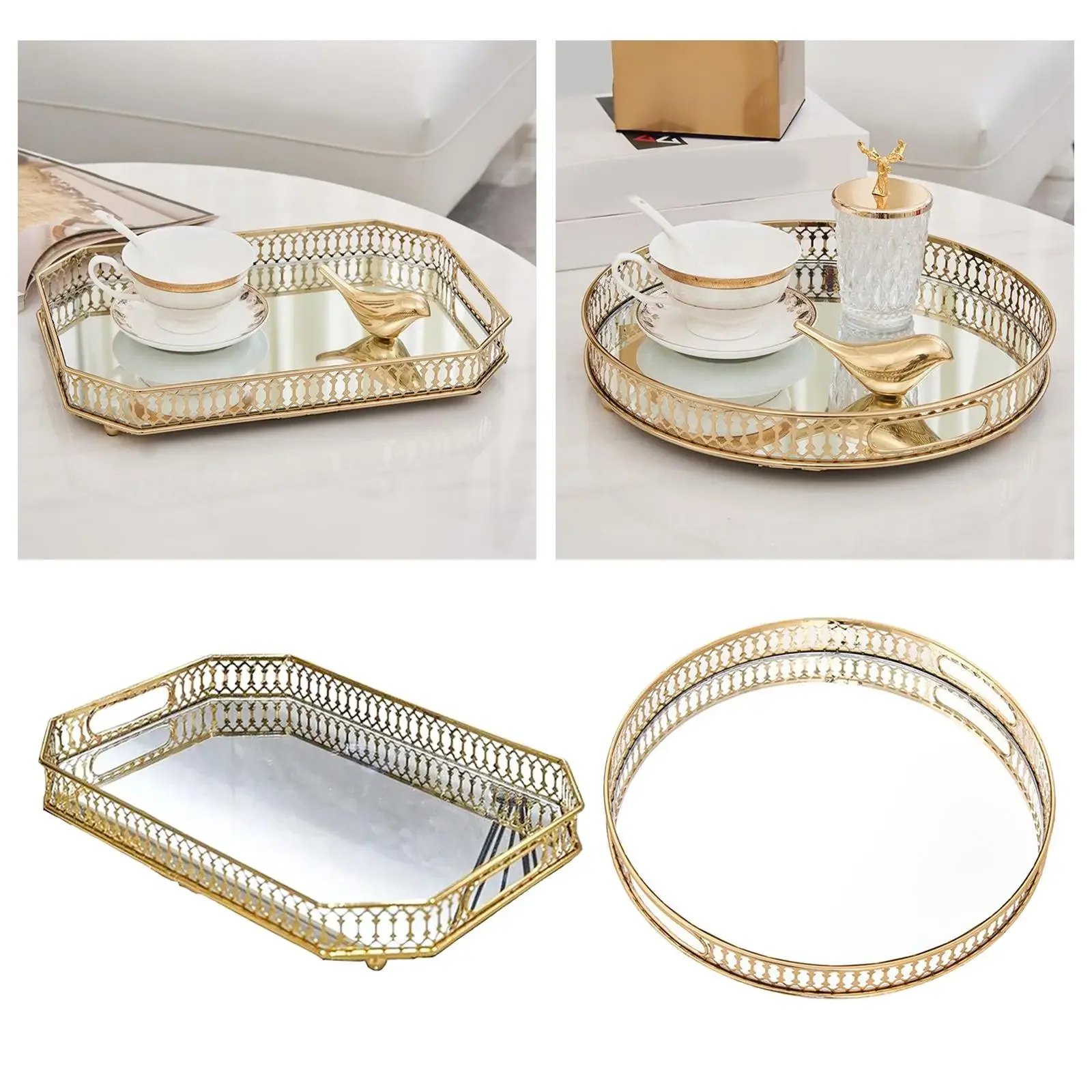 

Retro style golden iron delicate glass mirror base tray, bedroom desktop jewelry
