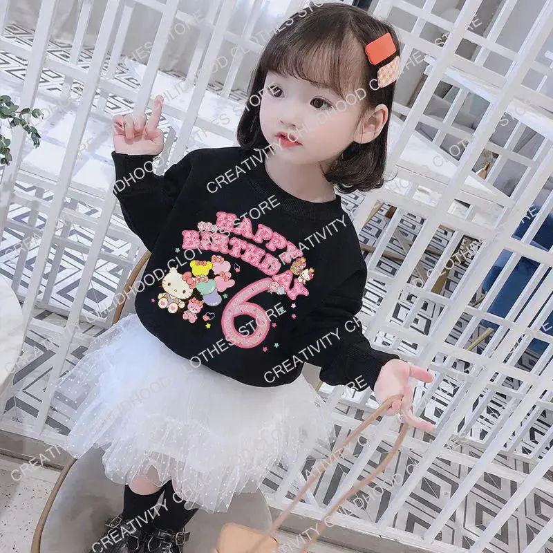 Children Sweatshirts Hello Kitty Birthday Number 1-14 Y2k Kawaii Sanrio Pullover Anime Cartoons Casual Clothes Girl Boy Kids Top