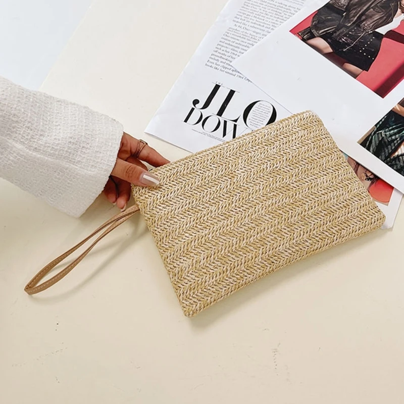 

E74B Straw Clutch Bag Bohemian Zipper Wristlet Summer Beach Handbag Coin Purse Weaving Bag Wristlet Bag for Women Girls