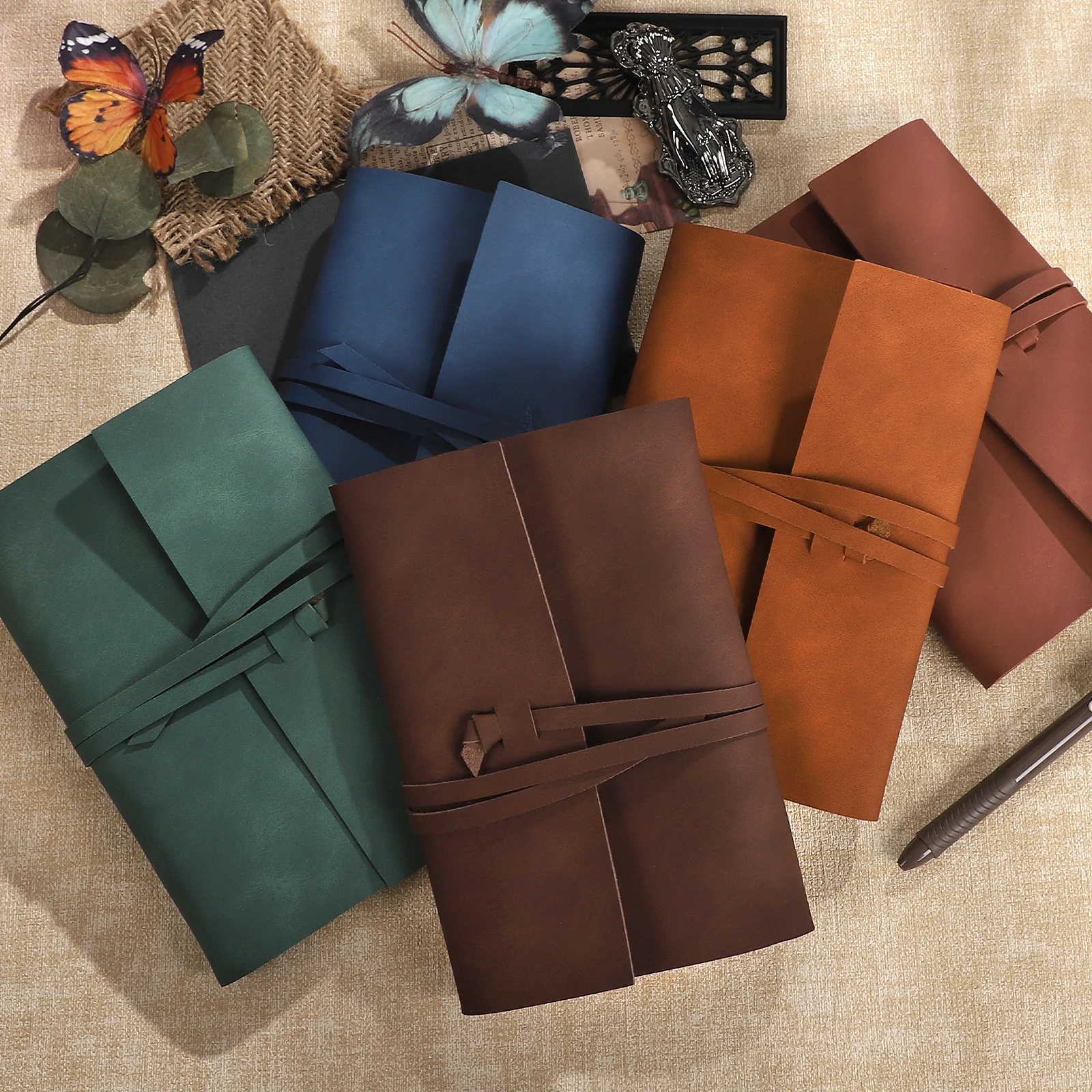 A6 Vintage PU Leather Strap Loose-leaf Notebook Creative DIY Journal Material Collage Student Supplies Stationery
