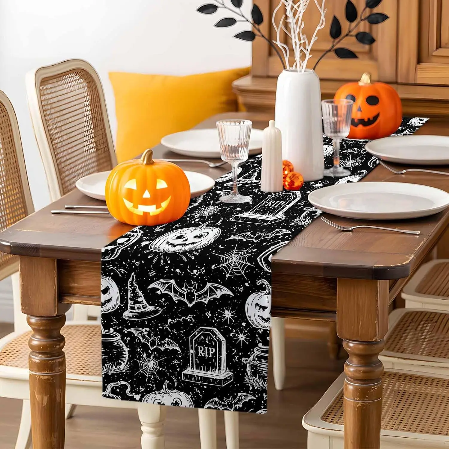 Halloween Pumpkin Witch Hat Bat Cobweb Linen Table Runner Party Decor Reusable Kitchen Dining Table Runner Halloween Decorations