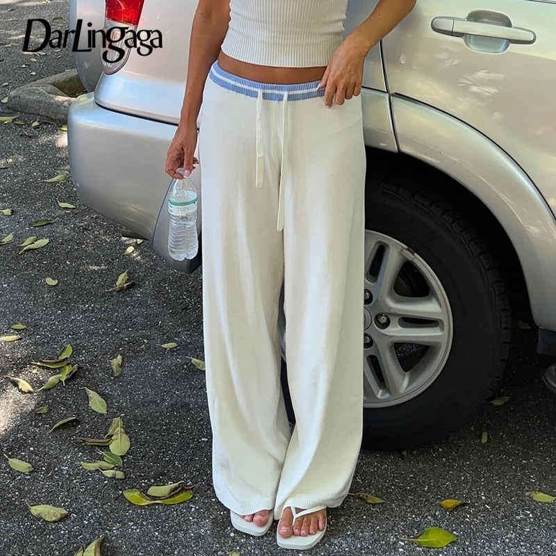 

Darlingaga Casual Waist Contrast Color Knitted Pants Women Drawstring Full Length Straight Leg Trousers Spring Low Rise Bottoms