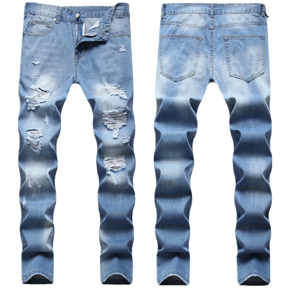 

Hip hop trend broken beggar multi monkey craft light blue small straight leg jeans man