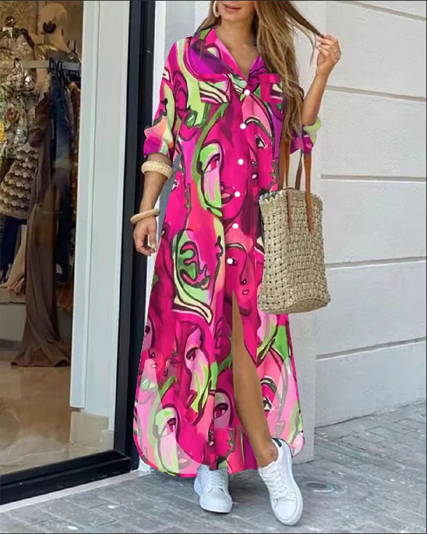 

Women's Commuter Dress 2024 Spring Summer Latest Casual Fashion Long Sleeved Printed Lined Dress Elegant V-Neck Long Skirt