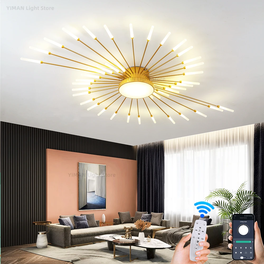 Plafonnier LED en Forme de enquêter d\'Artifice à Intensité Réglable, Jaune Lait, avec Télécommande, pour Salon, Chambre à Coucher, Salle à Manger