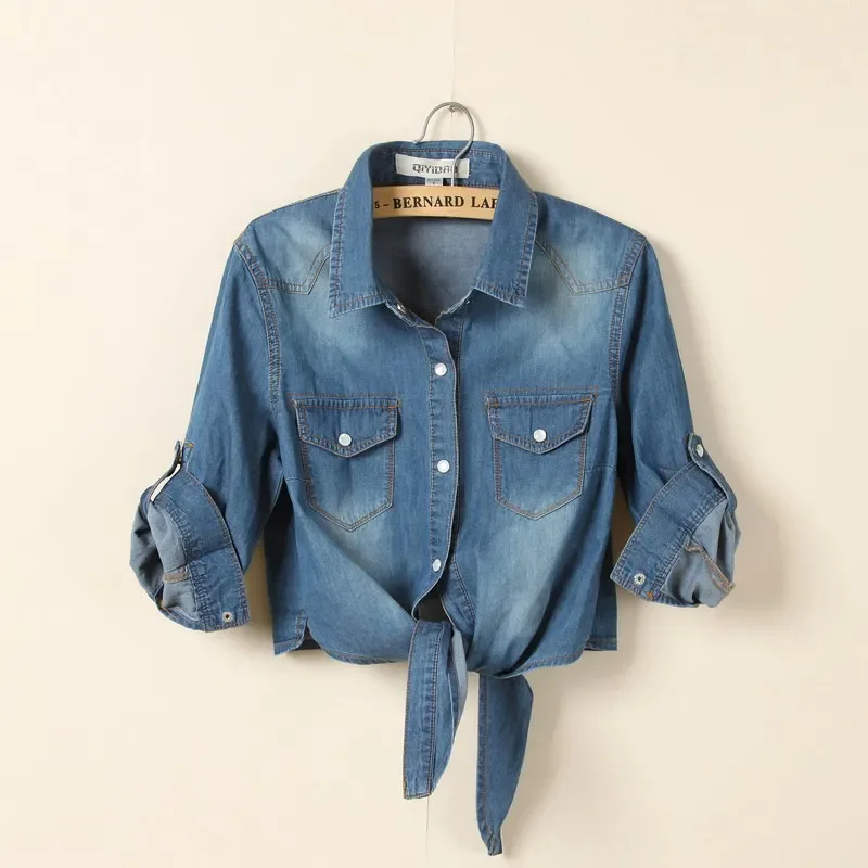 

Summer New Lace-Up Tie Denim Shirt Middle Sleeve Women Chemise Femme Crop Tops Korean Fashion Short Jeans Blouse Female T1314