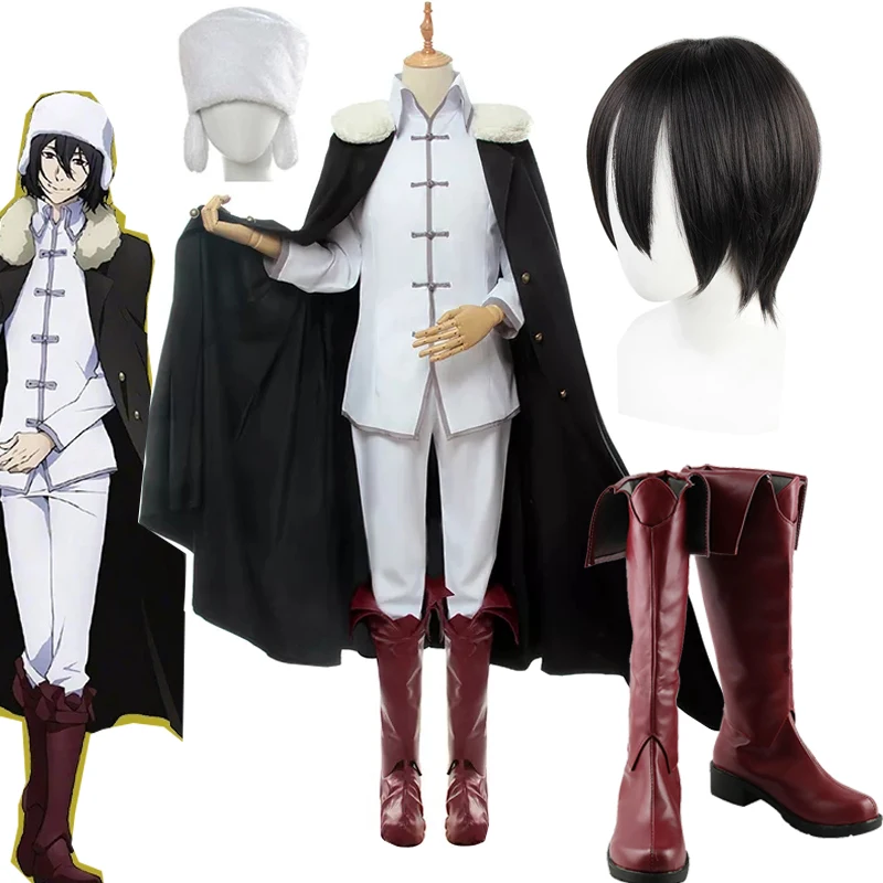 Anime Bungou Uniformes Brancos para Adultos, Cães Vadios, Fyodor D Cosplay Traje, Manto, Chapéu, Peruca Preta, Sapatos, Botas para Halloween, 3ª Temporada