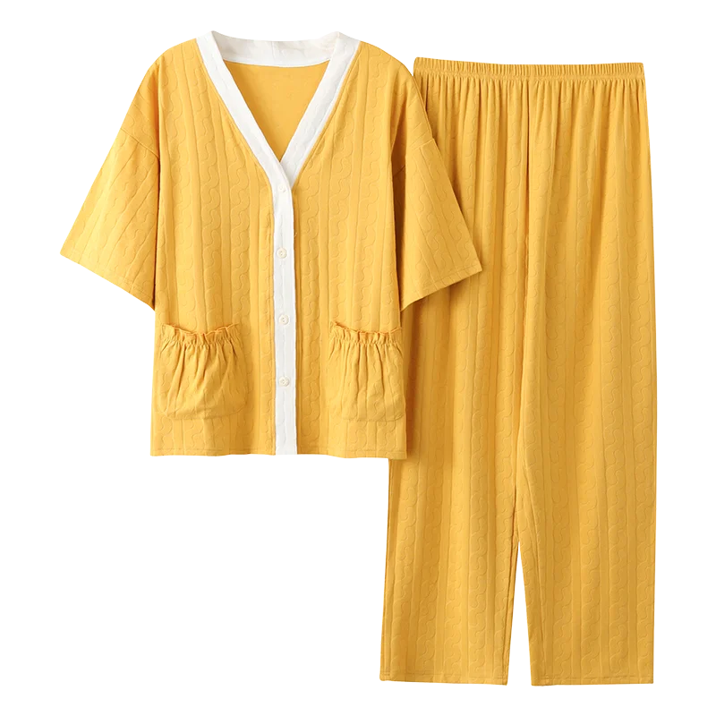 Spring and summer knitted cotton jacquard cardigan V-neck short sleeve trousers women's pajamas casual sweet teenage loungewear