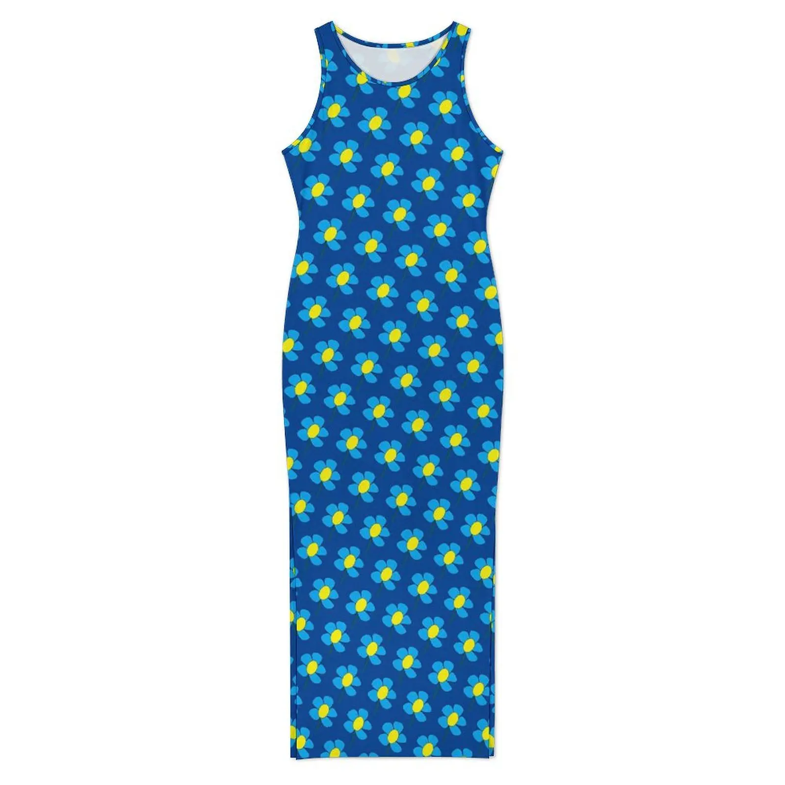 Women Bodycon Dress Night Club Blue And Yellow Daisy Maxi Dresses Spring Vintage Floral Sleeveless Street Style Dress Large Size