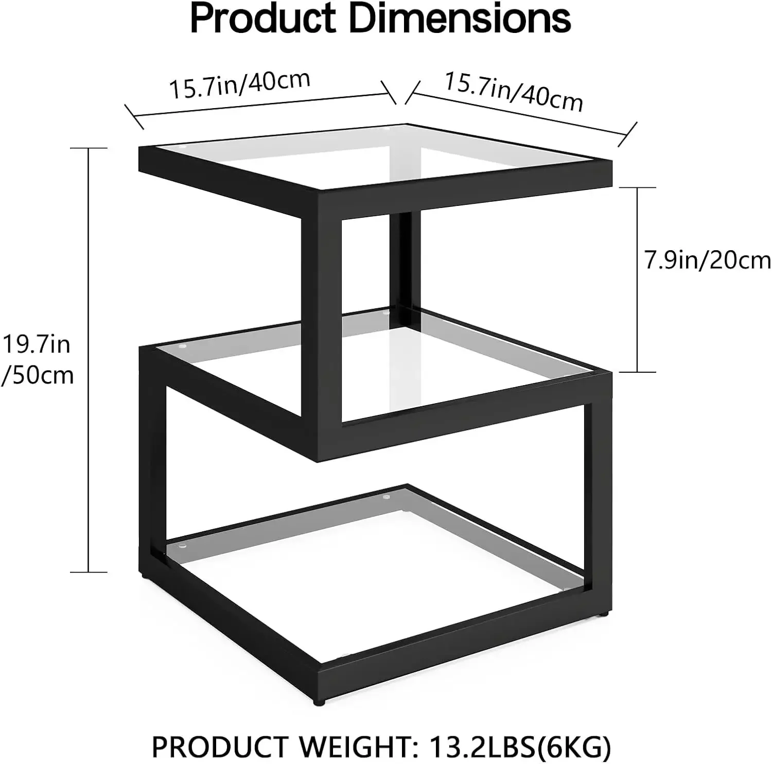 3-Tier Floating Side Table with Clear Tempered Glass and Metal Frame | Features a Visually Floating Aesthetic, USB Port & a Dimm