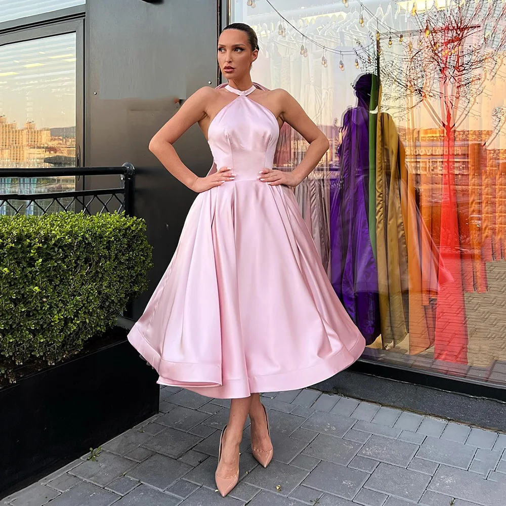 

Simple Halter Pink Homecoming Dresses A-line Tea Length Cocktail Party Gown Satin Short Prom Dress for Graduation