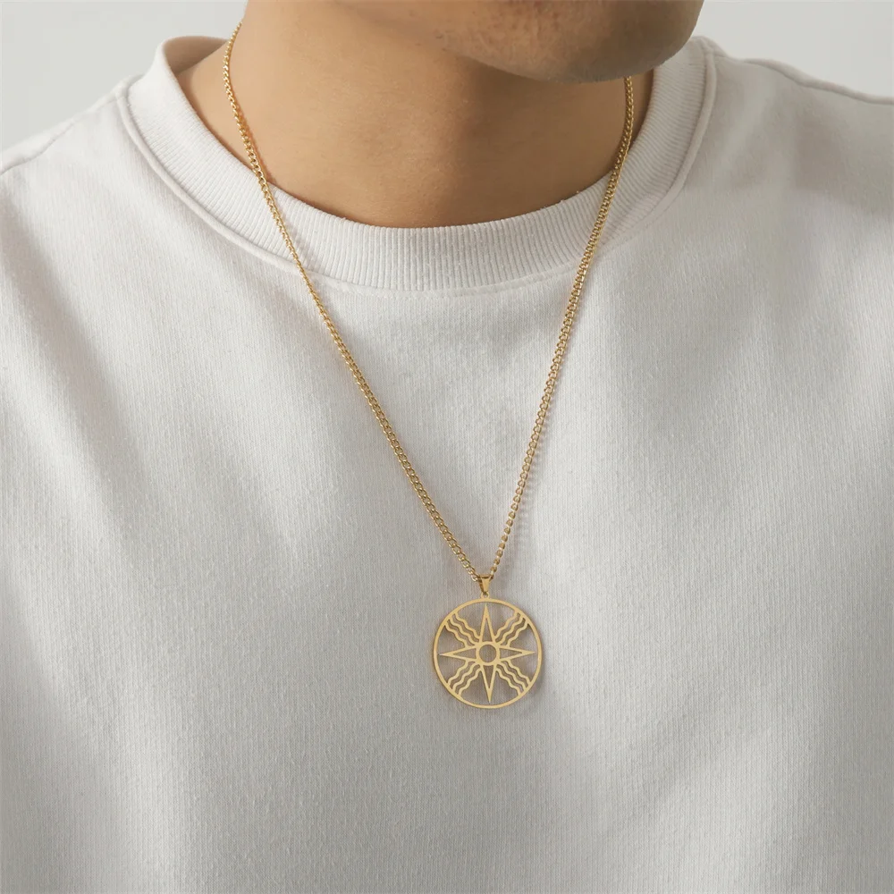 My Shape Star of Shamash Pendants Necklaces for Men Women Stainless Steel Assyrian Star Chain Necklace Amulet Jewelry Gifts Male