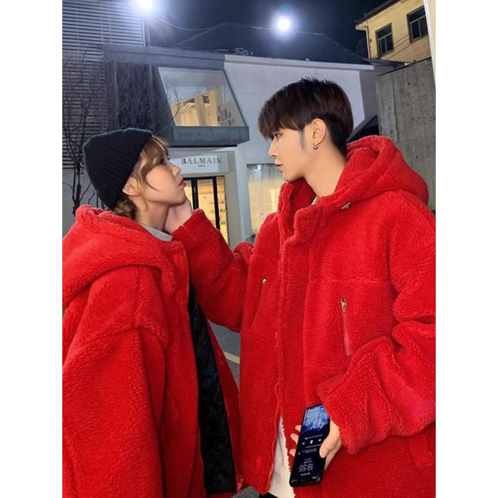 

Large Size 300 Pou Couple's Winter Cotton Jaet Men's Loose Fit Cisas Red eepskin Coat Thiened Casual Wear
