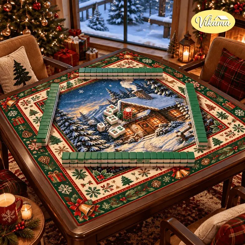 VIKAMA Christmas Mahjong Mat Cottage Pine Snowflakes Bells Washable Folding Mahjong Tablecloth Table Pad Xmas Home Decor