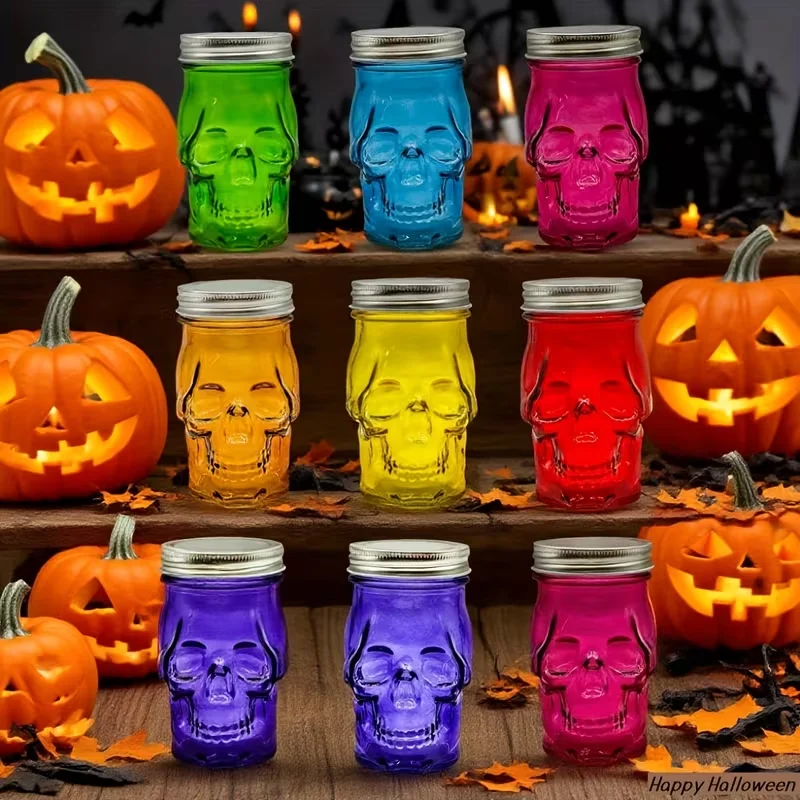 6 Stück Halloween-Plastikgläser mit transparentem Totenkopf und Deckel – Flip-Top-Verschluss, ideal für Heimdekoration, Mini-Statuen, Sammlerstücke