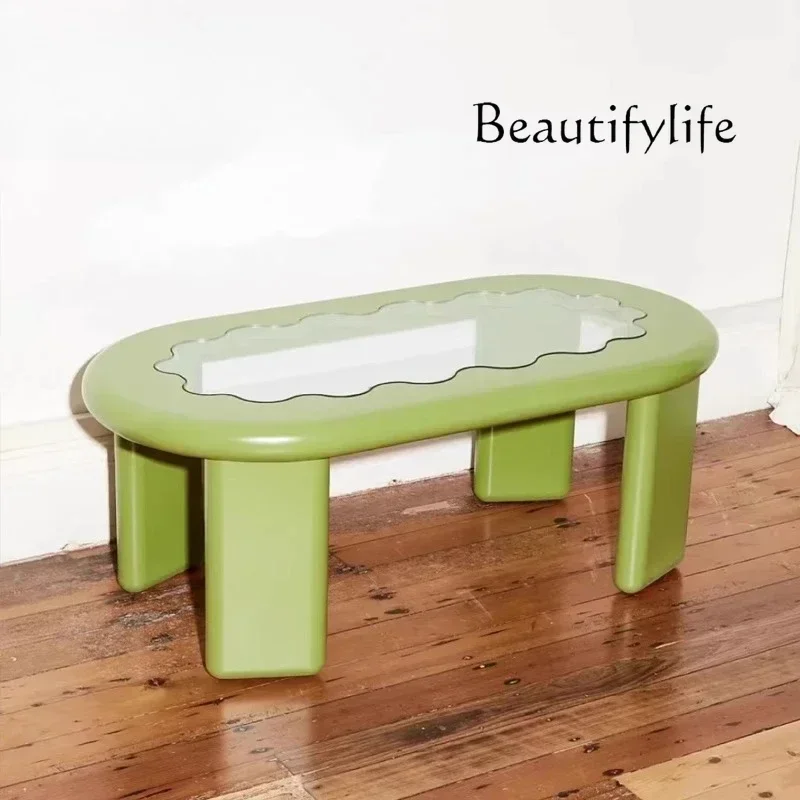 HH J SS Nordic Designer Oval Coffee Table Household Avocado Strip Table Light Luxury Glass Table