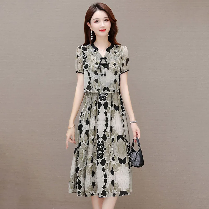 

Elegant Beading Button Printed Fake Two Pieces Midi Dress Women's Clothing 2025 Summer New Loose All-match Chiffon Vintage Dress