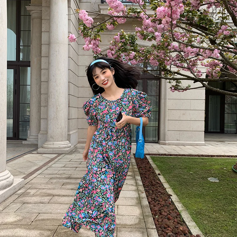 Floral Print Loose Fit ort Sve round Ne Princ Dr Summer 2020 New Arrival Women's Sweet Sle Midi Skirt