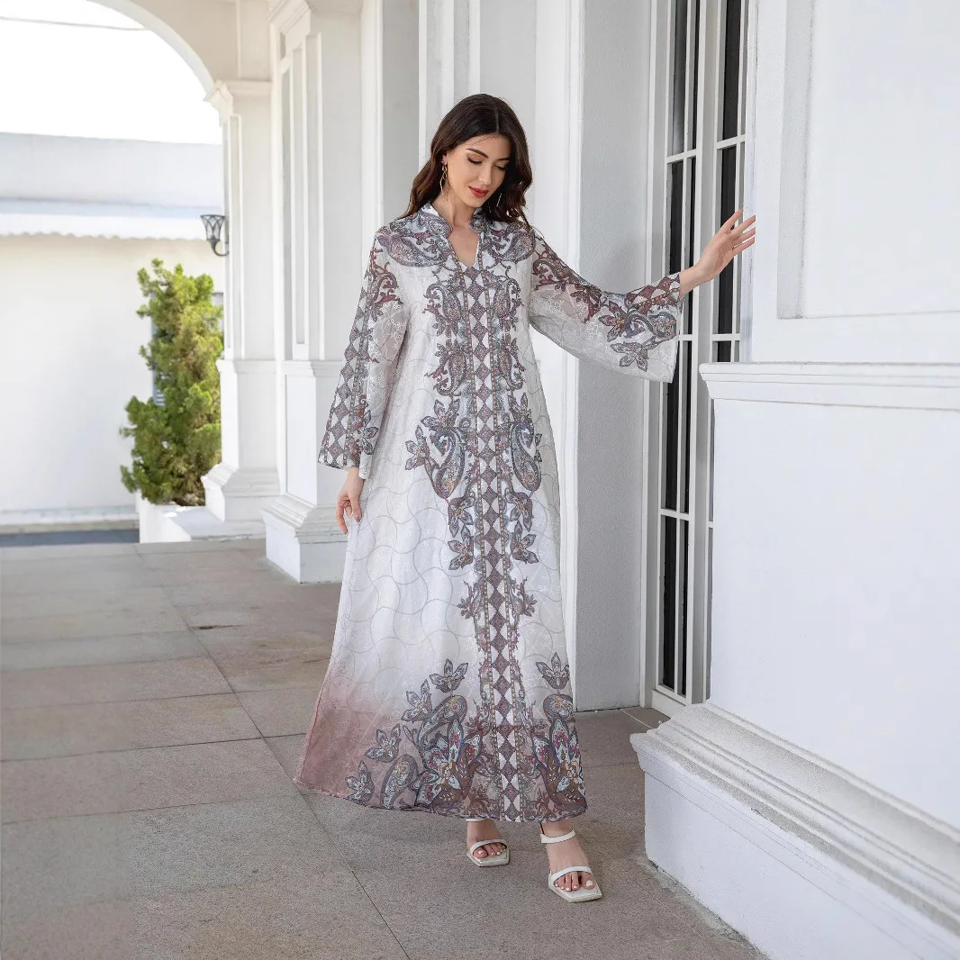 

Женские модные элегантные повседневные платья с длинным рукавом и v-образным вырезом до щиколотки, расшитые бриллиантами и принтом, вышитые платья, женская одежда Абая