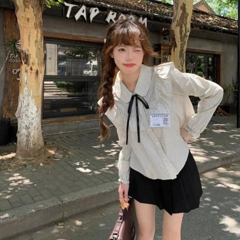 

Deeptown Sweet Striped Ruffles Women Shirts Kawaii Preppy Long Sleeve Japanese Style Babydoll Top Loose Cute Blouses Aesthetic
