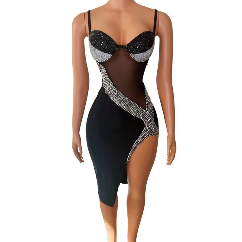 فستان سهرة بأحجار الراين السوداء للنساء للحفلات والاحتفال بشريط Ds Dj مرحلة مهرجان الزي حفلة موسيقية ملابس الرقص
