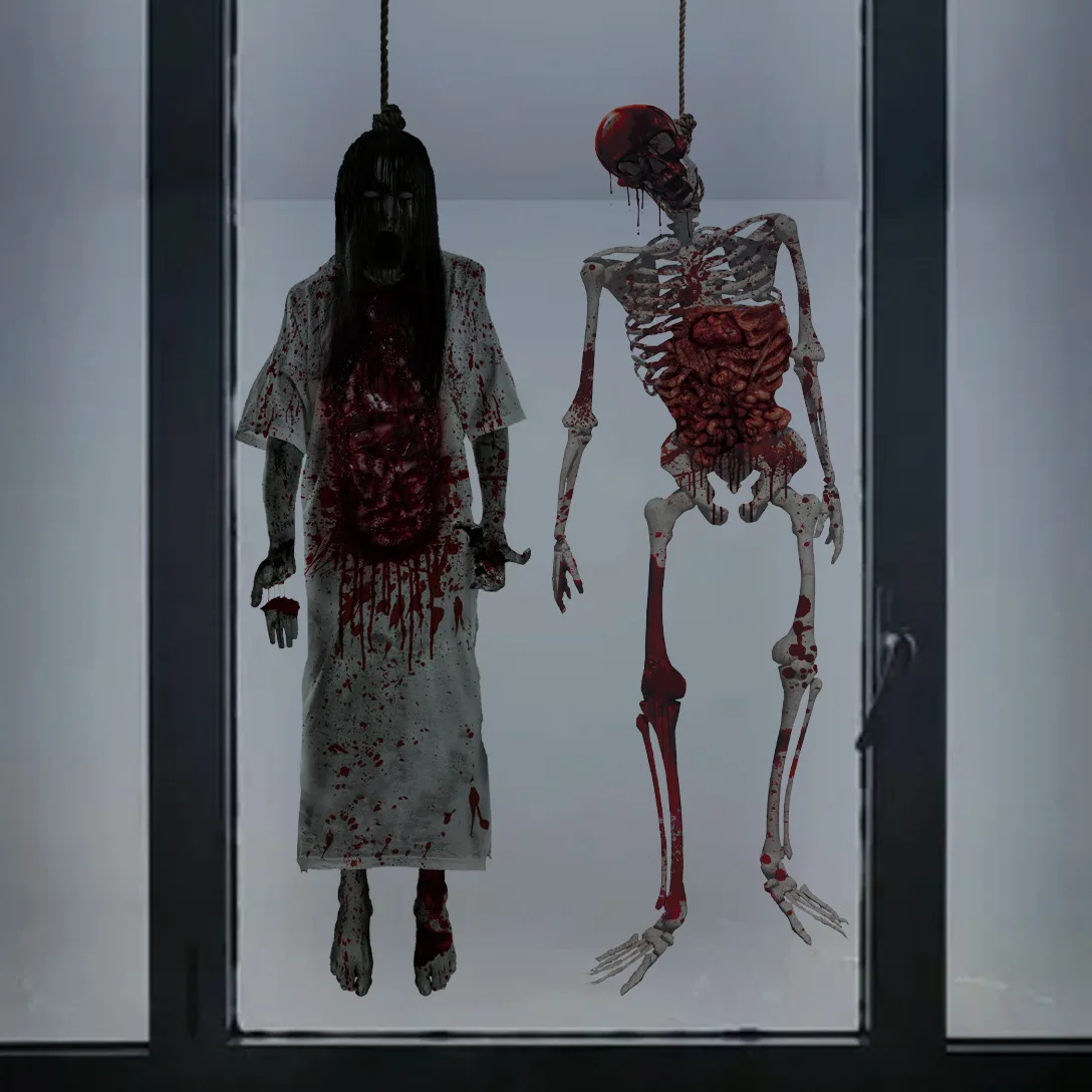 جديد هالوين الهيكل العظمي نافذة ملصق الرهيبة أنثى شبح جدار الزجاج ملصق مائي لحفلة الهالوين منزل مسكون ديكور المنزل الدعائم