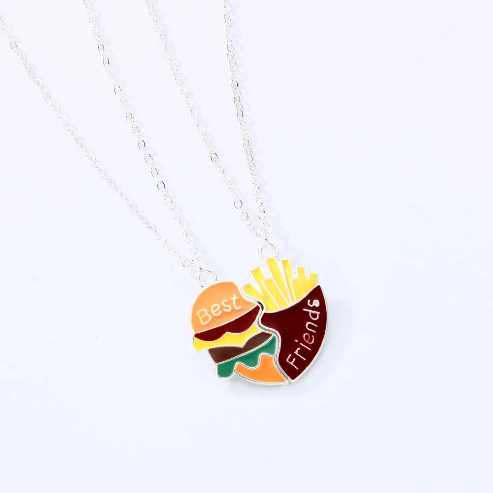 Karsyngirl 2Pcs/Set Cartoon Hamburger French fries Pendant Necklaces BFF Friendship Jewelry Gift for Girls