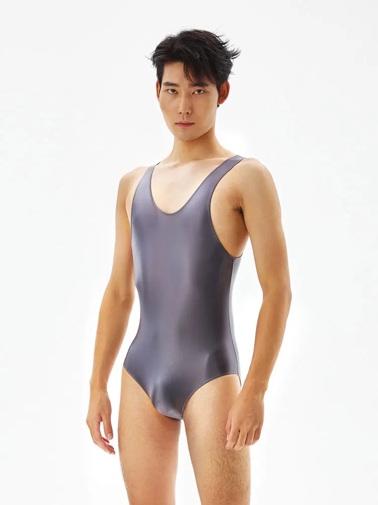 Sexy Oil Shiny Men\'s Bodysuit Tops Sleeveless U Convex Pouch One-pieces Shapewear Male High Elastic Tights Slim Body Corset Man