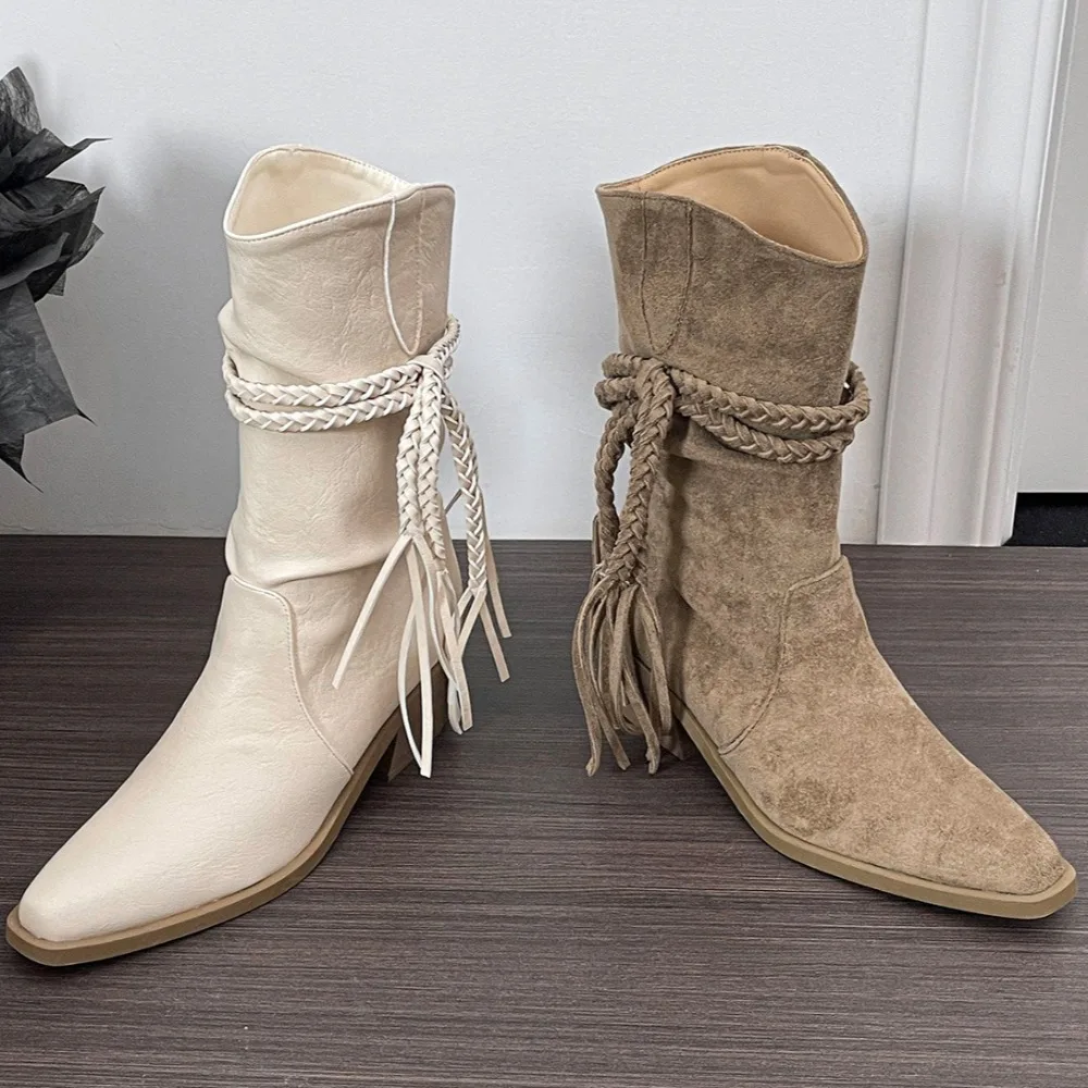 المرأة الخريف الأحذية البيج الرجعية مهدب الأحذية النسائية الربيع والخريف أنبوب البراري وأشار كعب سميك أحذية بوت قصيرة للمرأة #1