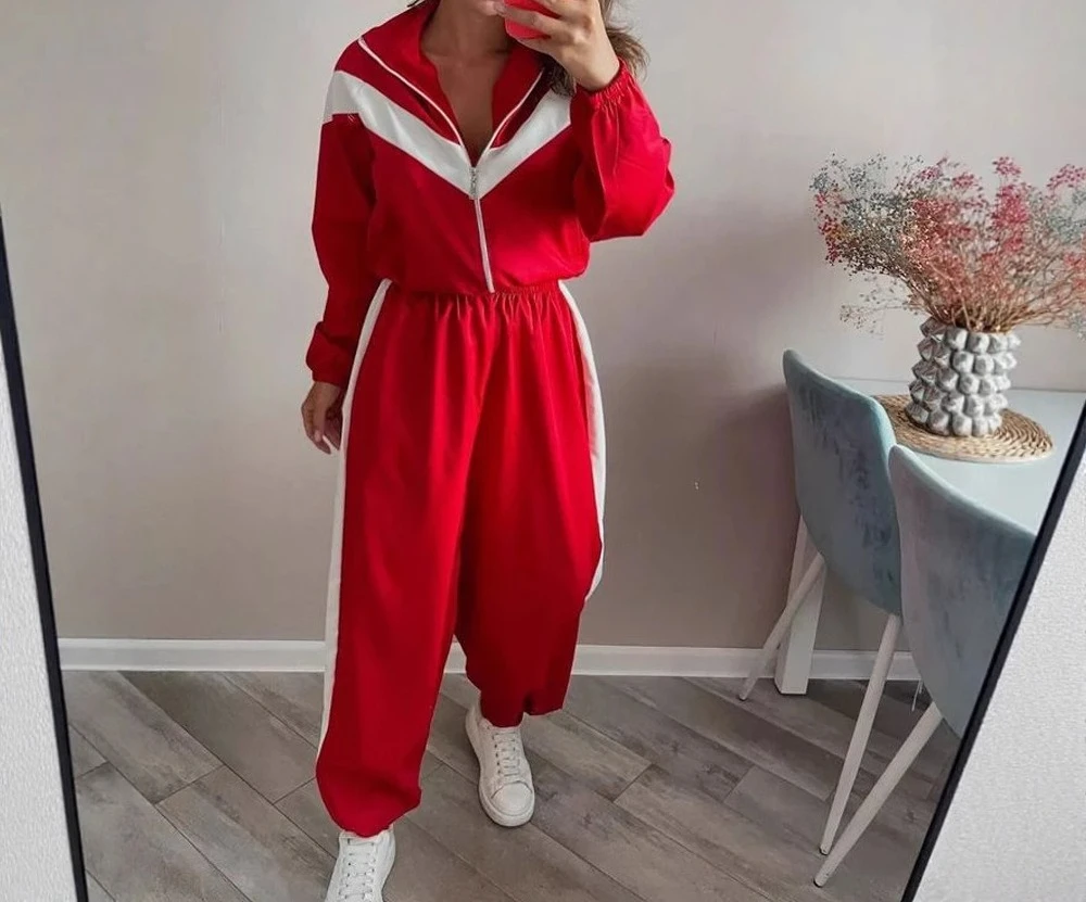 Fashion Color Blocking Patchwork Lapel Long Sleeved Sports Jacket and Lantern Ankle Pants Set for Women's Sports 2-Piece Set