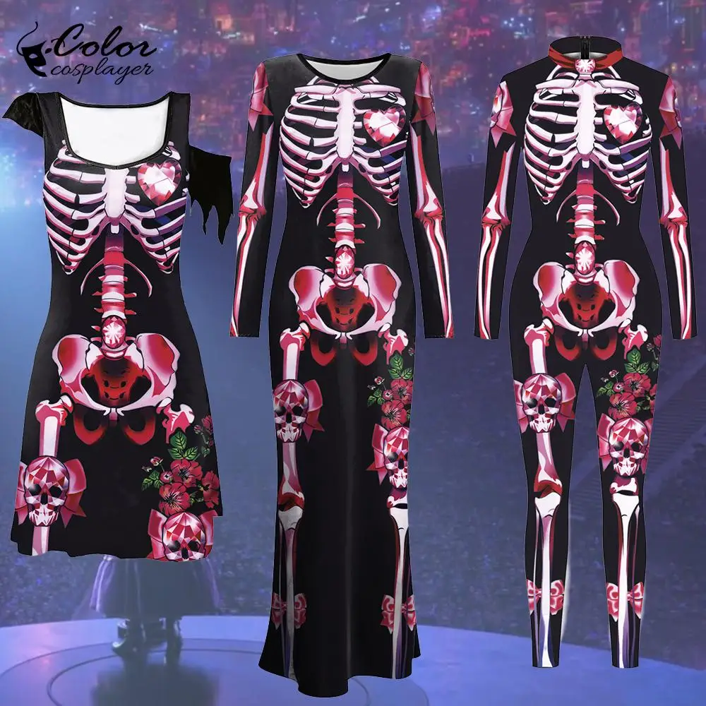 

Color Cosplayer Romantic Skeleton Gown Halloween Cospaly Costume Day of The Dead Robe Pink Skull Dress Carnival Party Outfit