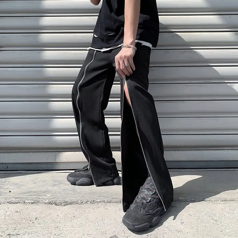 Zipper Split Straight Men Y2K Pants Chic Vibe Ins Trouser Male Party Night Club Streetwear Wide Leg Gothic Hippie Hip Hop Pants