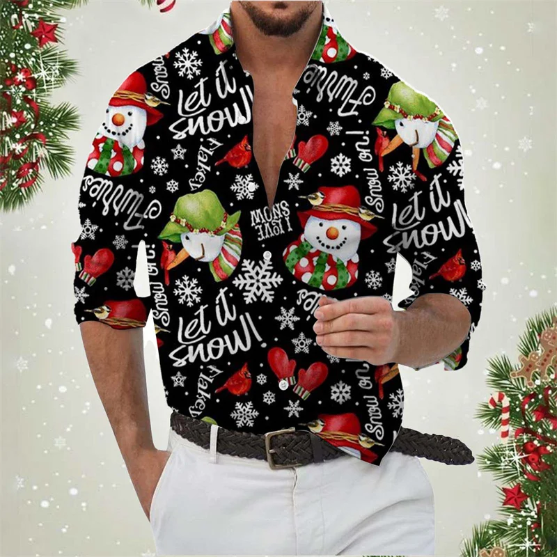 3D Print Santa Claus Reindeer Hawaiian Shirts For Men Snowman Cat Pattern Aloha Shirts Casual Loose Long Sleeve Blouse Lapel Top