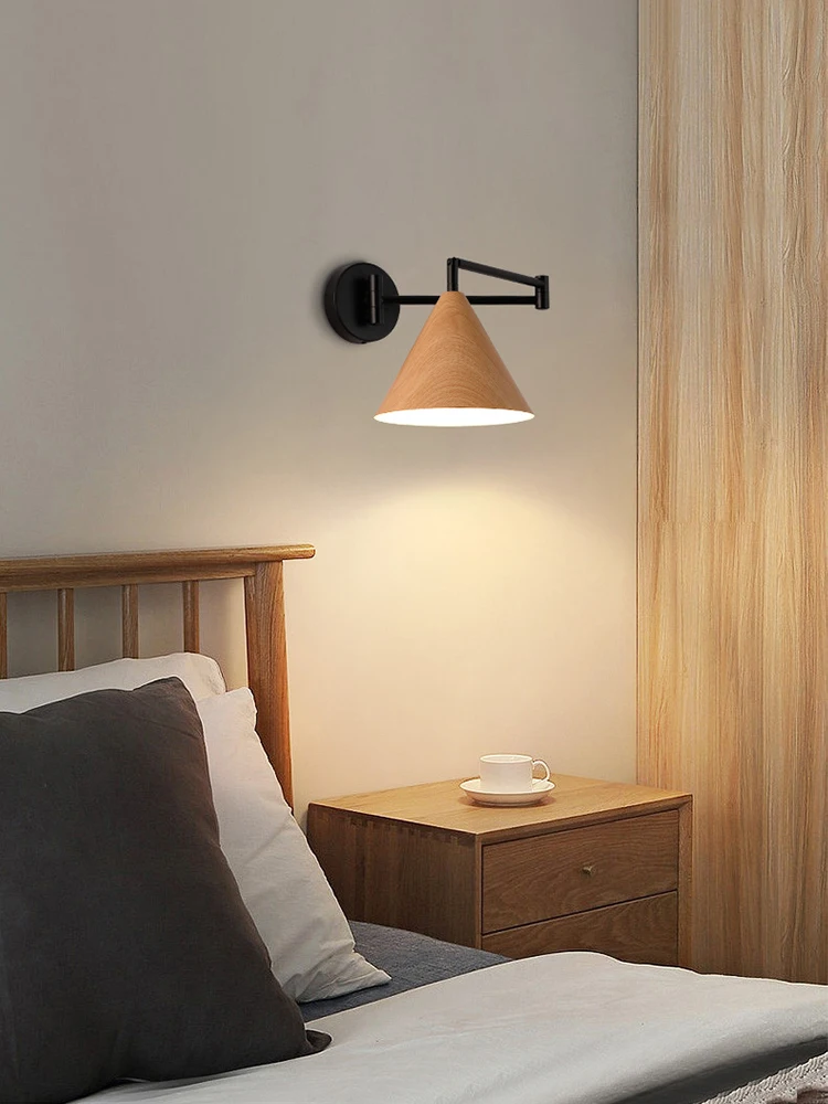 New Product Black Robotic Arm Round Wood Color Classic Simple Lightings Wall Lamp for Home Bedroom Sconce Light