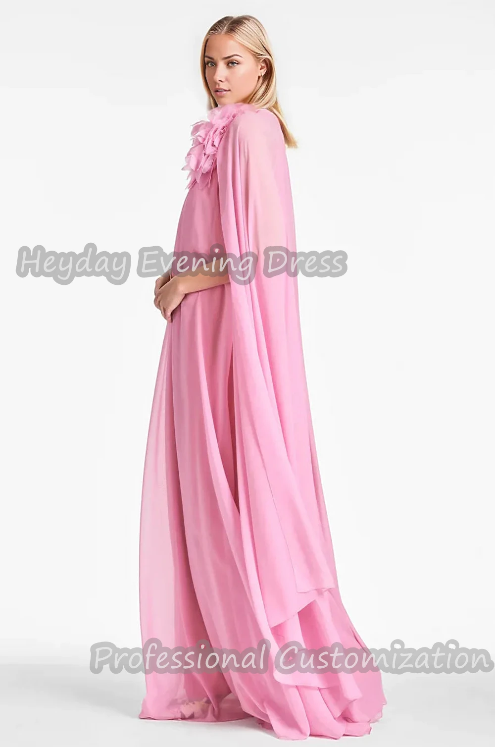 Heyday O-Neck Saudi Short Sleeves Flower A-Line Prom Gown Chiffon Ruffle Floor Length Elegant Dresses For luxurious Women 2024