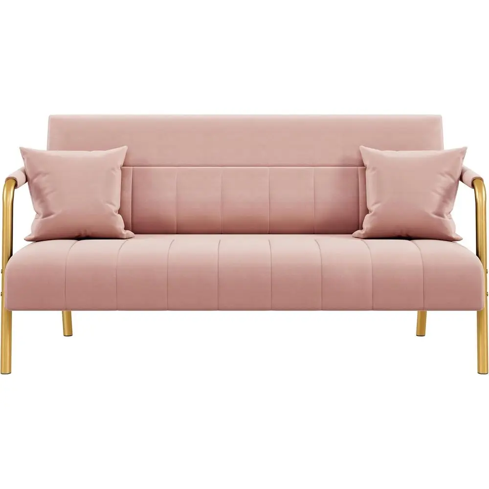 

Luxurious Velvet Fabric Couch with Gold Metal Arms & Legs for Living Room, Home Office, or Studio in Pink