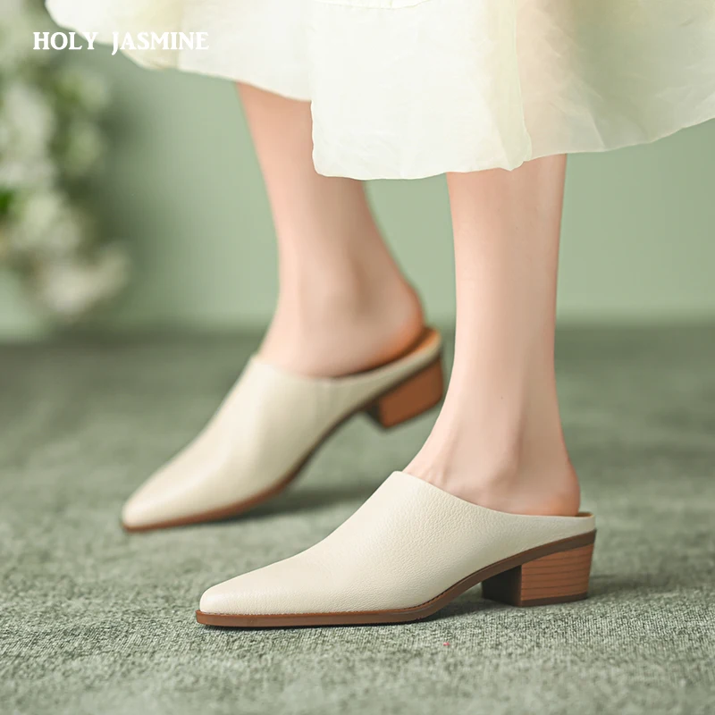 2023 Summer Women Shoes Genuine Leather Pointed Toe Women Sandals Solid Modern Sandals for Women Chunky Heel Women\'s Mules Shoes