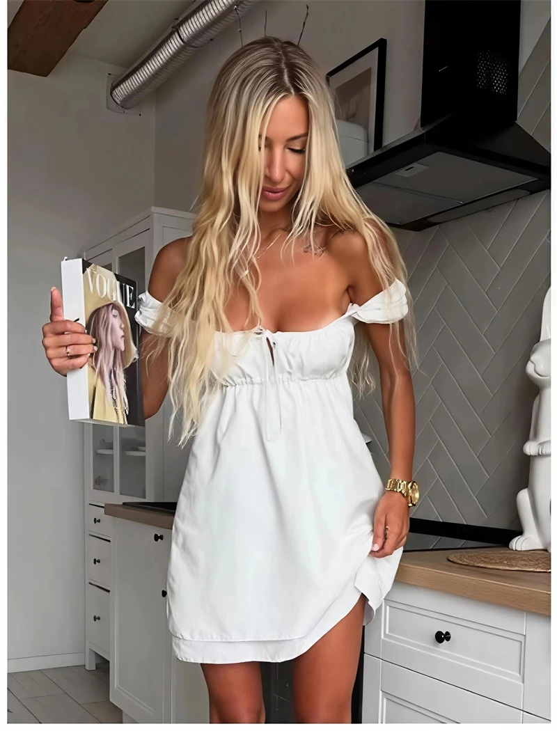 Guobioziy Women's Mini Cap-Shoulder Dress 2026 Summer Collection Solid Color Design French-Inspired British Casual Style