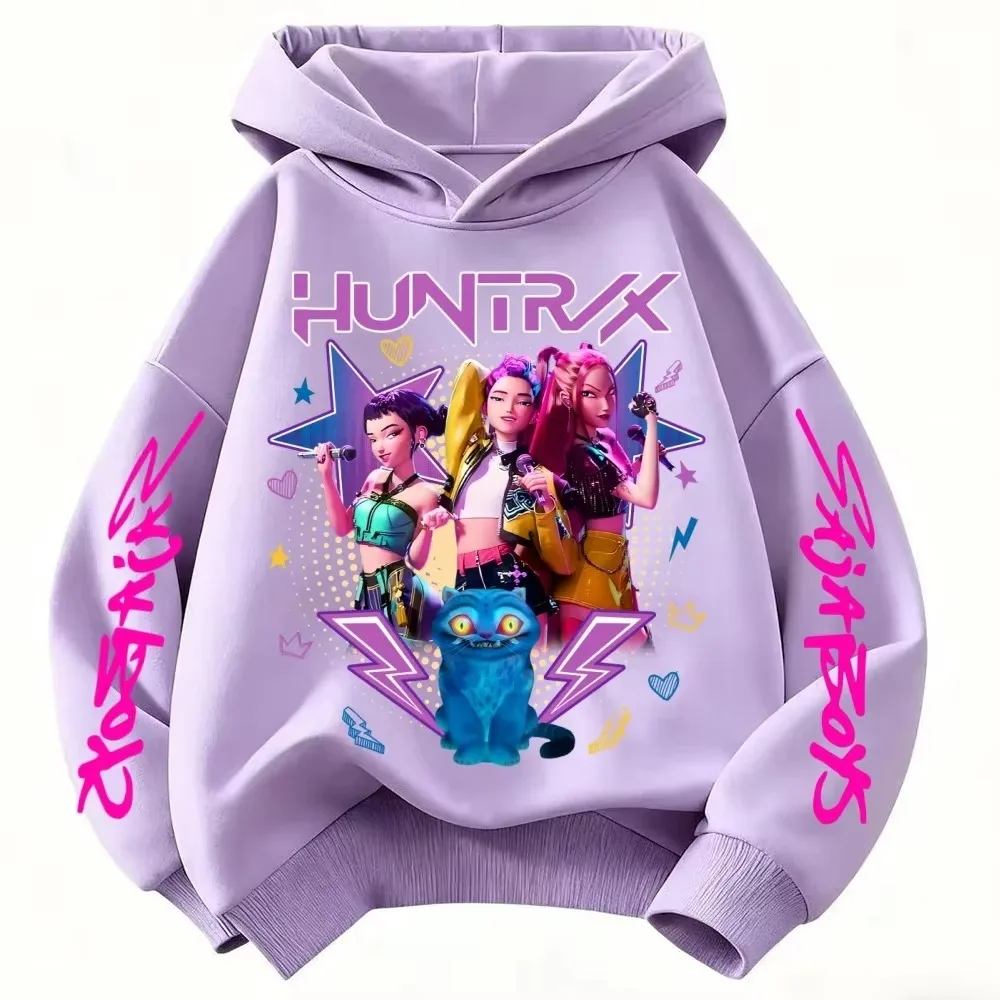 220g Heavyweight fleece warmthAnime Huntrx Three Girls Graphic Hoodies Kids Fashion Purple Pullover Sweatshirt For Girls