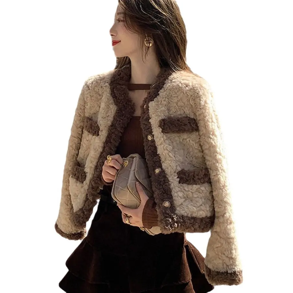 

Women's Lamb Wool Outwear Short Style Retro Loose Quilted Plush Top with Small Fragrant Fur Autumn Winter New