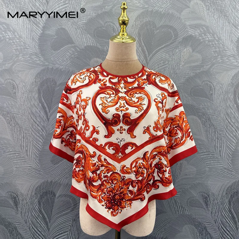 MARYYIMEI 2026 Autumn Fashion Women's New Casual Printed Loose Top Round Neck Short Sleeve Silk Simple Top