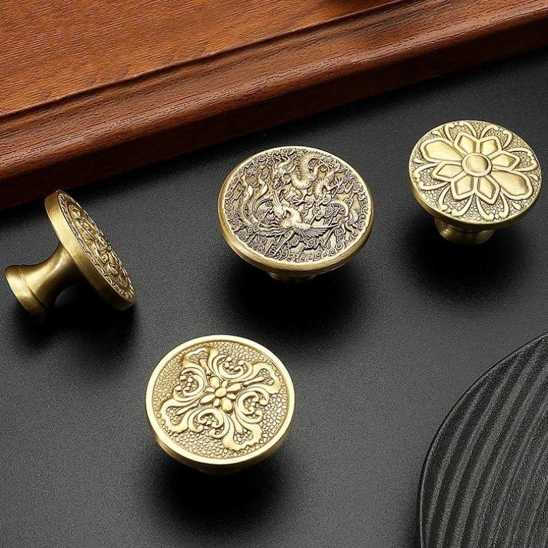 Brass Solid Handle Furniture Vintage Drawer Cabinet Door Handle Antique Light Luxury Button Single Hole Hardware Handle Knob