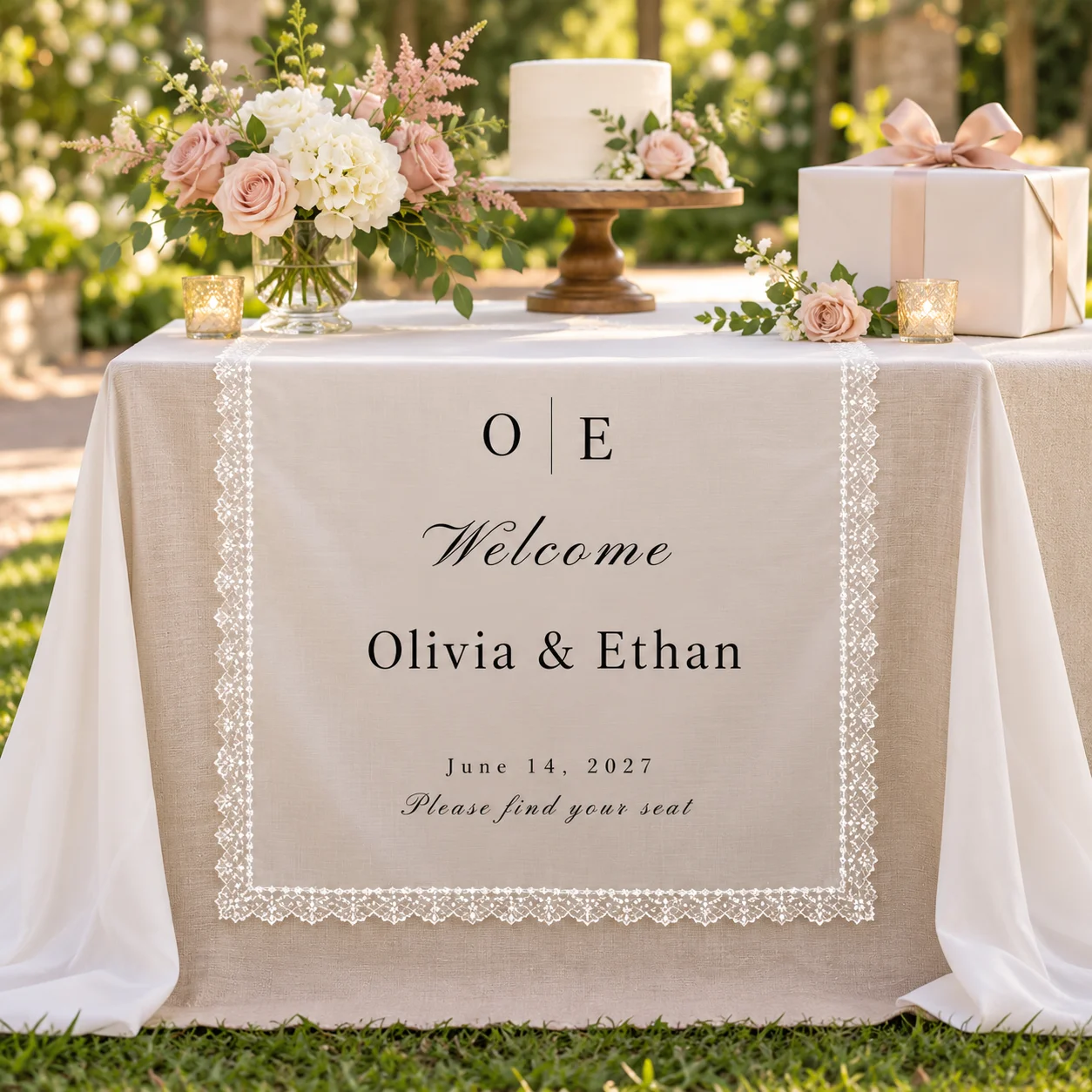 Table Runner - ผ้าปูโต๊ะลูกไม้สั่งทำพิเศษ ผ้าปูโต๊ะชีฟองสั่งทำลายเฉพาะตัว ตกแต่งขอบตาข่ายลายดอกไม้ สำหรับงานแต่งงาน งานเลี้ยง งานจัดเลี้ยง