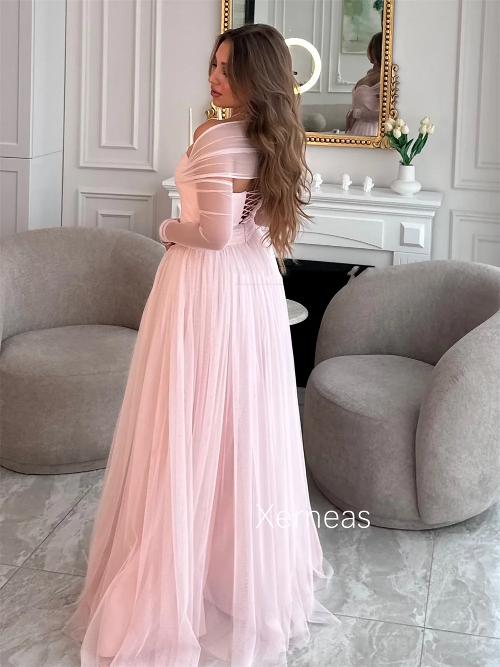 Customized Simple Net Pleat A-line Off-the-shoulder Long Dresses Bespoke Occasion Homecoming Exquisite Modern Style